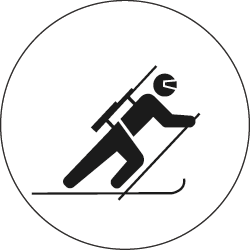 Piktogramm Biathlon Sehbehinderte: Eine Person mit verbundenen Augen steht auf Skiern, hält einen Skistock in einer Hand und trägt ein Gewehr auf dem Rücken.