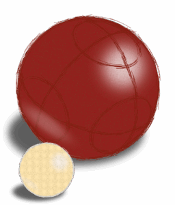 !B Das Bild zeigt einen größeren roten und einen kleinen weißen Ball, der links vor dem roten Ball liegt.