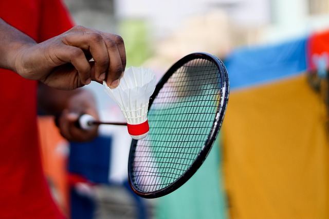 Im Vordergrund des Bildes sind ein Badmintonschläger und ein Federball zu sehen. Beide werden von einem Mensch mit dunkler Hautfarbe gehalten.